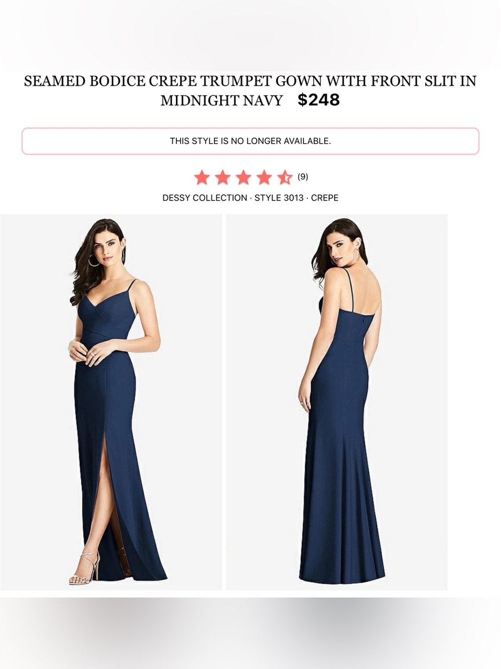 Dessy Collection Midnight Navy Crepe Trumpet Gown with Front Slit